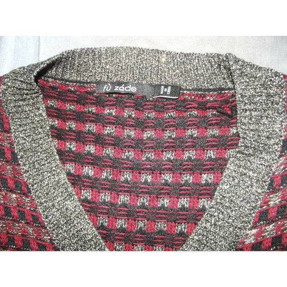 Womens Medium Red Black Gold Woven Plaid Acrylic Button Front Cardigan Sweater m - Picture 3 of 7